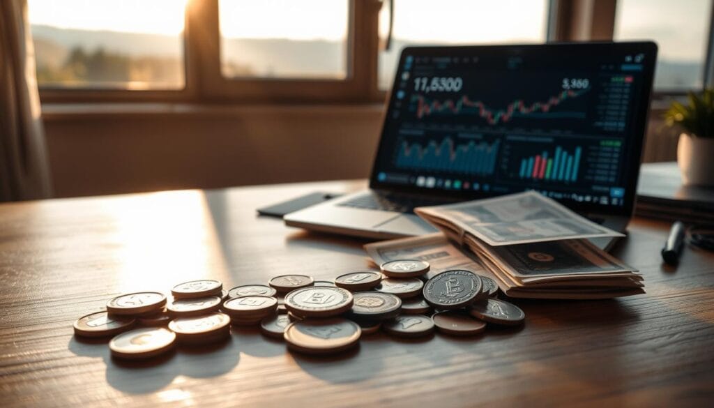 A well-balanced retirement portfolio, composed of diverse investments, resting on a wooden desk. In the foreground, coins, stocks, and bonds cast warm, muted shadows under soft, directional lighting. The midground features a laptop displaying financial charts and graphs, reflecting the investor's careful monitoring. In the background, a window overlooks a serene, natural landscape, symbolizing the tranquility and security of a well-planned retirement. The overall atmosphere conveys a sense of thoughtful, strategic planning for a prosperous and fulfilling future.