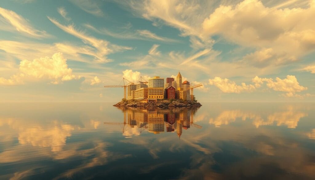 A well-crafted portfolio of financial instruments floats atop a background of wispy clouds, casting a gentle reflection on a still, tranquil lake. The portfolio is depicted as a collection of diverse investment options, including stocks, bonds, and real estate, symbolizing a balanced approach to managing risk and inflation. Warm, golden lighting imbues the scene with a sense of security and prosperity, conveying the notion of steady, long-term growth. The composition is framed by a minimalist, elegant design, emphasizing the importance of thoughtful, disciplined investment strategies in the context of retirement planning.