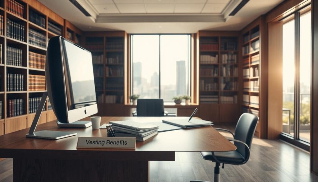 A well-designed office interior with a modern and professional atmosphere. In the foreground, a sturdy, oak desk with a sleek computer setup and a nameplate that says "Vesting Benefits". On the desk, there are stacks of legal documents and a pen holder. In the middle ground, a large window with a cityscape view, allowing natural light to illuminate the space. In the background, rows of bookshelves filled with legal tomes and finance-related publications. The lighting is a warm, soft glow, creating a calming and productive ambiance. The overall composition conveys the importance and complexity of vesting and retirement plan ownership. A well-designed office interior with a modern and professional atmosphere. In the foreground, a sturdy, oak desk with a sleek computer setup and a nameplate that says "Vesting Benefits". On the desk, there are stacks of legal documents and a pen holder. In the middle ground, a large window with a cityscape view, allowing natural light to illuminate the space. In the background, rows of bookshelves filled with legal tomes and finance-related publications. The lighting is a warm, soft glow, creating a calming and productive ambiance. The overall composition conveys the importance and complexity of vesting and retirement plan ownership.
