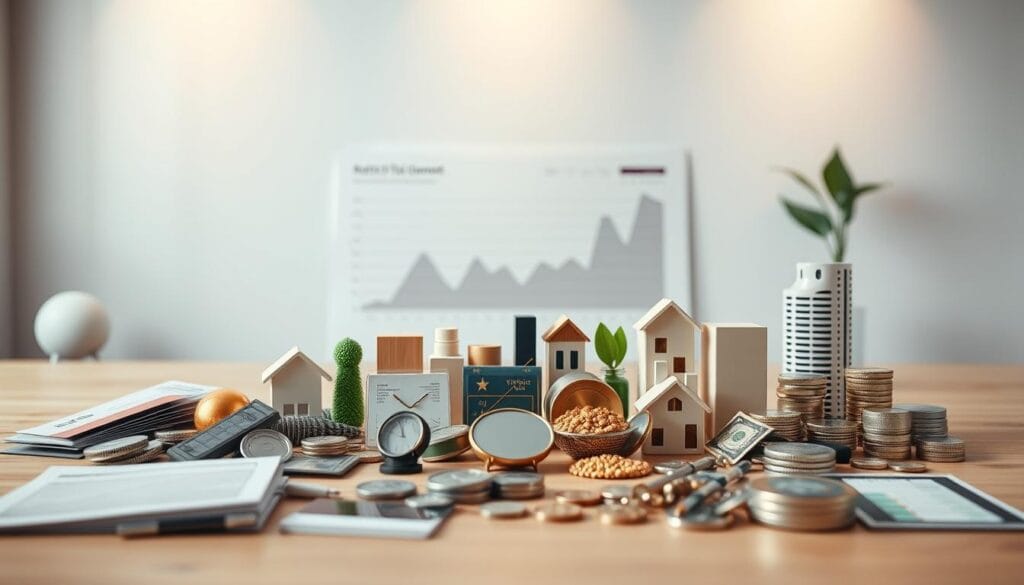 A well-diversified portfolio of investments laid out in a clean, minimalist composition. In the foreground, a selection of financial instruments - stocks, bonds, real estate, and alternative assets - arranged in a balanced, harmonious display. The middle ground features a sleek graph or chart visualizing the asset allocation, with clear, legible data. The background is a serene, neutral environment, perhaps a modern office or study, allowing the investments to take center stage. Soft, directional lighting casts a warm, professional glow, emphasizing the careful planning and thoughtful approach to retirement investing. The overall mood is one of stability, clarity, and financial prudence.