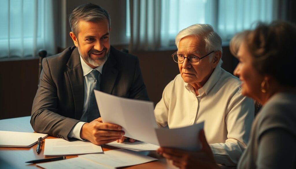 A well-dressed, approachable senior financial advisor sits at a desk, meticulously reviewing documents and consulting with an elderly client. The lighting is warm and inviting, casting a soft glow on the scene. The advisor's expression is one of genuine concern and attentiveness, conveying a sense of trustworthiness and expertise. The client's face is serene, indicating a feeling of comfort and confidence in the advisor's guidance. The background is subtly blurred, keeping the focus on the central figures and their interaction. The overall atmosphere suggests a professional, yet personalized financial consultation, tailored to the specific needs of the senior client.
