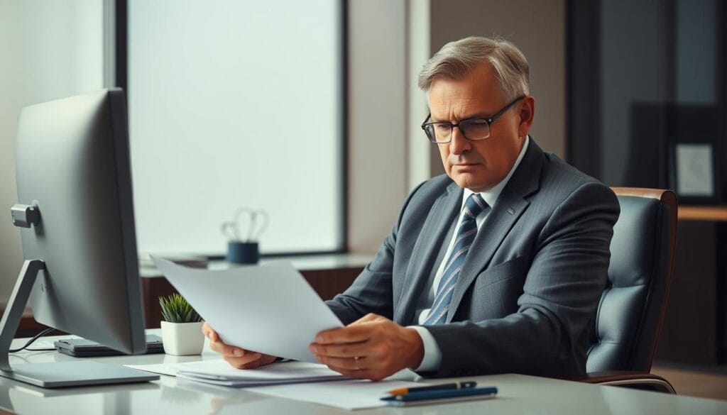 A well-dressed, middle-aged financial advisor sitting at a desk, pensively looking at financial documents. High-key, soft lighting illuminates their face, creating a thoughtful, professional atmosphere. The advisor is dressed in a tailored suit, with a stylish tie and polished leather shoes. The desk is clean and organized, with a computer monitor, pen holder, and a small plant adding a touch of life to the scene. The background is blurred, suggesting an upscale office environment. The overall mood is one of expertise, attention to detail, and a commitment to providing sound financial guidance.