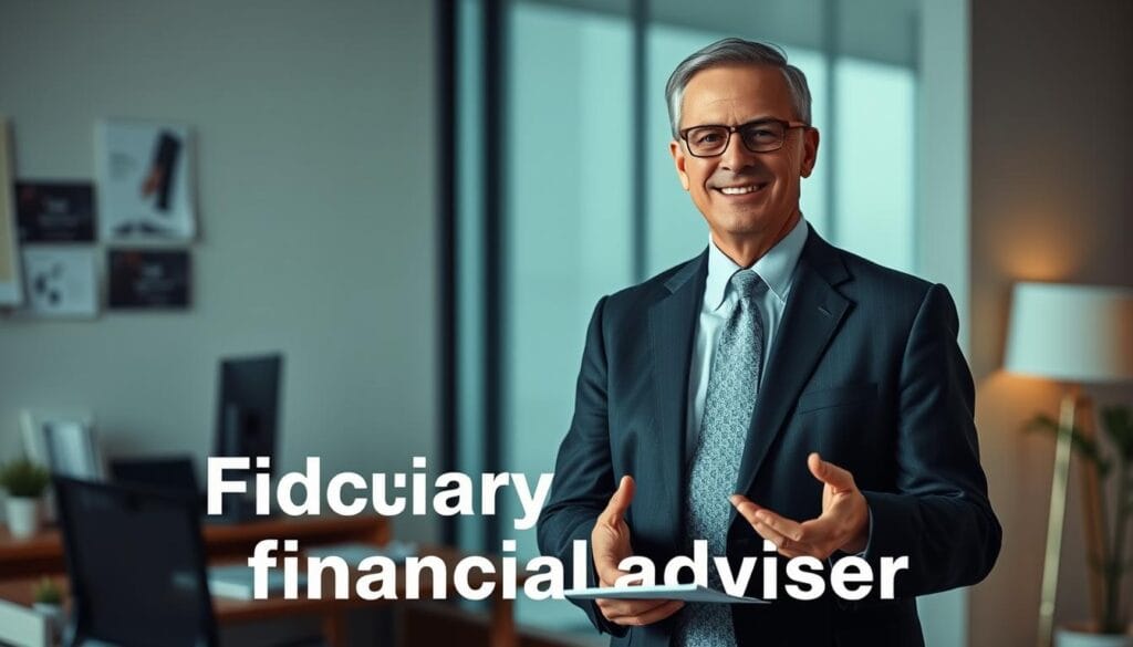 A well-dressed, middle-aged professional in a suit and tie, standing in a contemporary office setting with a desk, computer, and financial documents in the foreground. The subject has a friendly, approachable expression and is gesturing with their hands, conveying a sense of trustworthiness and expertise. The lighting is soft and natural, with subtle shadows adding depth and dimension. The background is slightly blurred, placing the focus on the fiduciary financial advisor. The overall mood is one of professionalism, reliability, and a commitment to providing sound financial advice.
