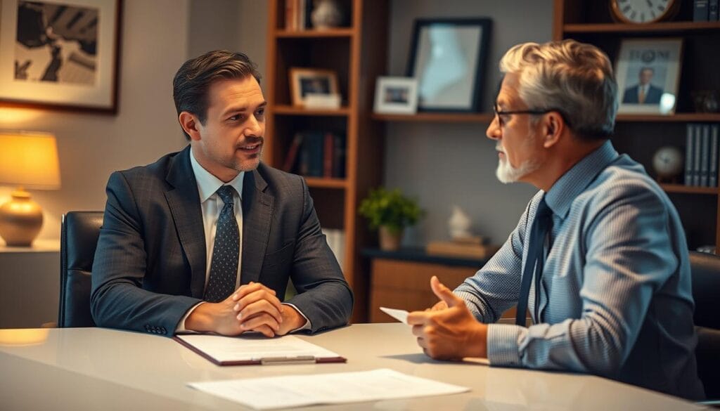 A well-dressed, professional financial advisor sits across a table from a client, engaged in a thoughtful discussion. Warm lighting casts a subtle glow, creating a sense of trust and confidence. The advisor's expression is one of attentiveness, while the client appears contemplative, evaluating the advisor's recommendations. In the background, a tastefully decorated office space with bookshelves and finance-related decor suggests a knowledgeable, accredited professional. The composition emphasizes the importance of the advisor-client relationship and the careful consideration required when choosing the right financial guidance. A well-dressed, professional financial advisor sits across a table from a client, engaged in a thoughtful discussion. Warm lighting casts a subtle glow, creating a sense of trust and confidence. The advisor's expression is one of attentiveness, while the client appears contemplative, evaluating the advisor's recommendations. In the background, a tastefully decorated office space with bookshelves and finance-related decor suggests a knowledgeable, accredited professional. The composition emphasizes the importance of the advisor-client relationship and the careful consideration required when choosing the right financial guidance.