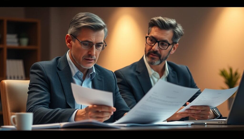 A well-dressed, thoughtful individual sits at a desk, reviewing financial documents with a knowledgeable, bespectacled financial advisor. The scene is illuminated by warm, focused lighting, creating a sense of professionalism and trust. The advisor's expression conveys expertise and attentiveness, while the client appears engaged and intent on making a wise decision. The background is blurred, keeping the focus on the central figures and their important discussion about wealth management and investment strategies.