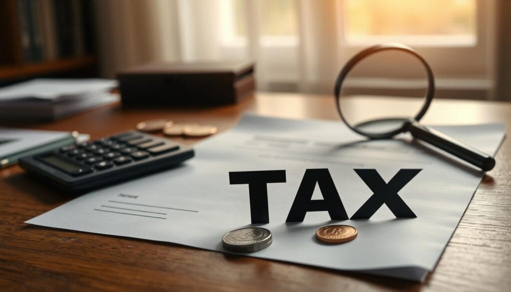 A well-lit, crisp, and realistic image of a retirement savings plan document or envelope with a calculator, coins, and a magnifying glass placed on a wooden desk or table. The document should have prominent "TAX" text highlighted in the foreground, conveying the idea of tax planning for retirement income. The background should feature a blurred out window or office setting, creating a warm, professional atmosphere. The lighting should be natural, with soft shadows and highlights to accentuate the details of the objects. The overall mood should be one of financial planning, focus, and attention to detail. A well-lit, crisp, and realistic image of a retirement savings plan document or envelope with a calculator, coins, and a magnifying glass placed on a wooden desk or table. The document should have prominent "TAX" text highlighted in the foreground, conveying the idea of tax planning for retirement income. The background should feature a blurred out window or office setting, creating a warm, professional atmosphere. The lighting should be natural, with soft shadows and highlights to accentuate the details of the objects. The overall mood should be one of financial planning, focus, and attention to detail.