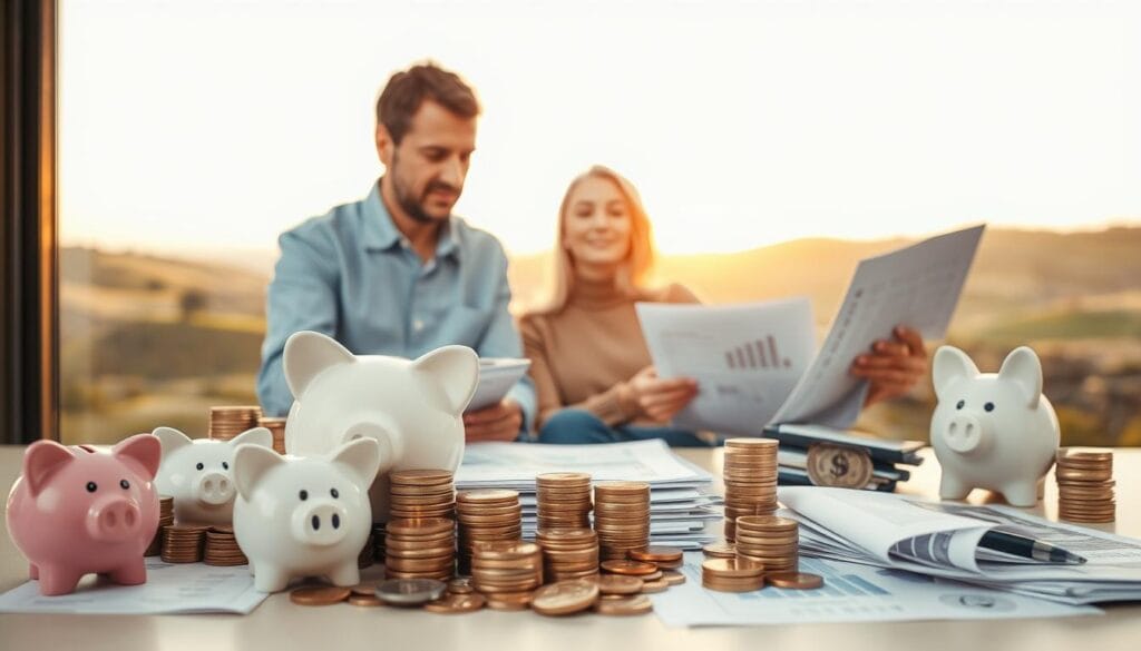 A well-lit, crisp, and visually captivating image of various investment strategies and savings plans for retirement. In the foreground, a diverse array of financial instruments such as piggy banks, coins, and investment documents are neatly arranged, conveying the idea of a balanced portfolio. The middle ground features a couple reviewing financial reports, their expressions serious yet hopeful, as they plan for their future. In the background, a serene landscape with rolling hills and a warm, golden sunset sets the mood for a secure and prosperous retirement. The composition is clean, the lighting is soft and natural, and the overall atmosphere exudes a sense of financial stability and long-term planning.