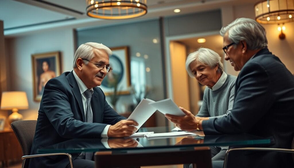 A well-lit, crisp photograph of a mature, experienced financial advisor meeting with a retired couple in a modern, tasteful office setting. The advisor sits across a glass desk, dressed professionally in a suit, leaning forward with an attentive, empathetic expression. The retired couple, casually but neatly dressed, appear engaged and thoughtful as they review financial documents together. Warm, soft lighting emanates from tasteful fixtures, casting a subtle glow. The background showcases elegant decor, suggesting a high-end, reputable firm. The overall scene conveys trust, expertise, and a collaborative client-advisor dynamic.