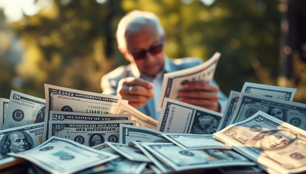 A well-lit, detailed composition showcasing various types of bonds suitable for retirees. In the foreground, a variety of bonds in different denominations and maturity dates are artfully arranged, including government bonds, municipal bonds, corporate bonds, and high-yield bonds. The middle ground features a financial advisor or retiree examining the bonds, conveying a sense of careful consideration. The background depicts a serene, natural setting with soft, warm lighting, creating a calming, trustworthy atmosphere. The overall image should highlight the stability, security, and diversity of bond investments for retirees. A well-lit, detailed composition showcasing various types of bonds suitable for retirees. In the foreground, a variety of bonds in different denominations and maturity dates are artfully arranged, including government bonds, municipal bonds, corporate bonds, and high-yield bonds. The middle ground features a financial advisor or retiree examining the bonds, conveying a sense of careful consideration. The background depicts a serene, natural setting with soft, warm lighting, creating a calming, trustworthy atmosphere. The overall image should highlight the stability, security, and diversity of bond investments for retirees.