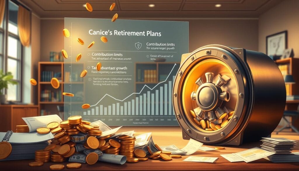 A well-lit, detailed illustration depicting financial contributions flowing into a retirement plan. In the foreground, various financial instruments such as coins, bills, checks, and investment documents are being funneled into a sturdy, secure vault, symbolizing the safe accumulation of retirement savings. The middle ground showcases a transparent chart or graph visualizing contribution limits and tax-advantaged growth, while the background features a serene, professional office setting with bookshelves, a desk, and a warm, welcoming atmosphere. The overall mood should convey a sense of responsible financial planning, security, and the importance of contribution-based retirement savings. A well-lit, detailed illustration depicting financial contributions flowing into a retirement plan. In the foreground, various financial instruments such as coins, bills, checks, and investment documents are being funneled into a sturdy, secure vault, symbolizing the safe accumulation of retirement savings. The middle ground showcases a transparent chart or graph visualizing contribution limits and tax-advantaged growth, while the background features a serene, professional office setting with bookshelves, a desk, and a warm, welcoming atmosphere. The overall mood should convey a sense of responsible financial planning, security, and the importance of contribution-based retirement savings.