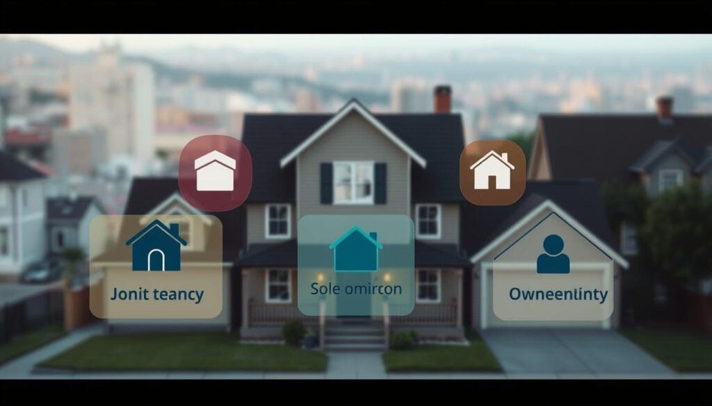 A well-lit, detailed illustration depicting various property ownership options, including joint tenancy, tenancy in common, and sole ownership. The image should show a centralized house or building with different colored overlays or icons representing the different ownership arrangements, with an architectural or real estate feel. The foreground should feature these ownership options, the middle ground should show the building itself, and the background could include a blurred city or landscape scene to provide a broader context. The overall mood should be informative and educational, conveying the key details of these property ownership choices in a clear and visually appealing way.