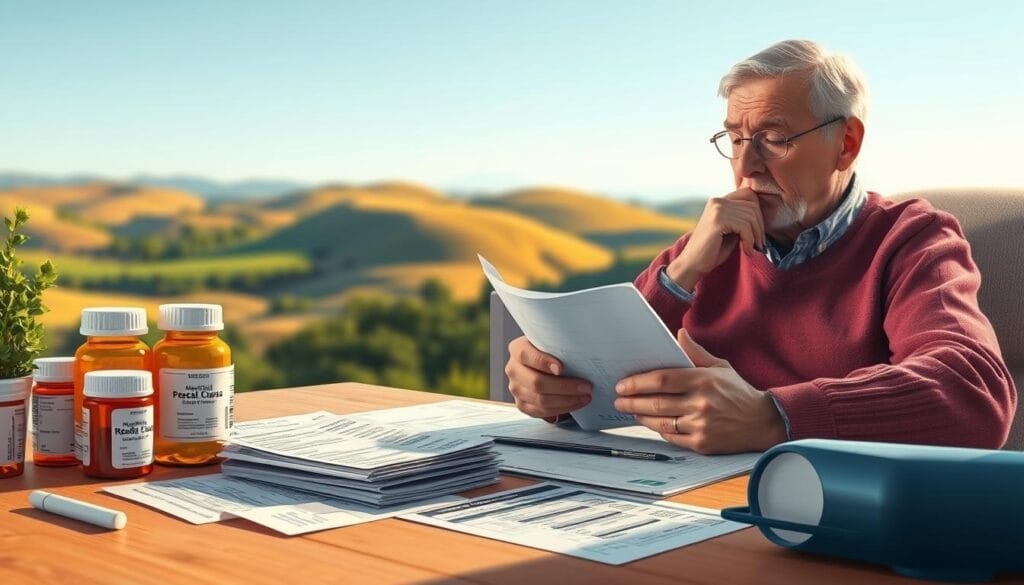A well-lit, detailed illustration of health care costs and insurance. In the foreground, medical bills, prescription bottles, and a health insurance card are prominently displayed on a wooden desk. The middle ground features a thoughtful senior citizen reviewing financial documents, with a calm, pensive expression. In the background, a serene landscape of rolling hills and a clear sky suggests the peaceful, comfortable retirement the individual is planning for. The lighting is soft and natural, creating a sense of tranquility and attention to detail. This image conveys the importance of carefully considering health care costs and insurance coverage as part of a comprehensive retirement plan.