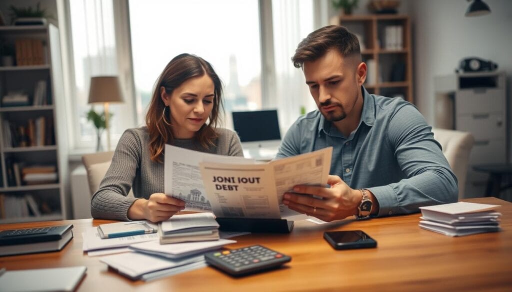 A well-lit, detailed image of two people, likely a married couple, sitting at a table and reviewing financial documents together. The foreground depicts the couple's focused expressions as they discuss joint debts, with a stack of bills, bank statements, and a calculator on the table in front of them. The middle ground shows a home office setting, with bookshelves, a computer, and other financial-related items. The background features a muted, slightly blurred cityscape visible through a window, suggesting the seriousness and importance of the task at hand. The overall mood is one of collaborative problem-solving and determination to manage their shared financial responsibilities. A well-lit, detailed image of two people, likely a married couple, sitting at a table and reviewing financial documents together. The foreground depicts the couple's focused expressions as they discuss joint debts, with a stack of bills, bank statements, and a calculator on the table in front of them. The middle ground shows a home office setting, with bookshelves, a computer, and other financial-related items. The background features a muted, slightly blurred cityscape visible through a window, suggesting the seriousness and importance of the task at hand. The overall mood is one of collaborative problem-solving and determination to manage their shared financial responsibilities.