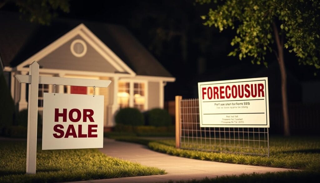 A well-lit, detailed scene depicting the key differences between a short sale and a foreclosure in the context of senior credit. In the foreground, a home with a "For Sale" sign, representing a short sale transaction, while in the background, a foreclosed property with a "Foreclosure" sign. The lighting is soft and warm, creating a subtle, contemplative atmosphere. The composition highlights the contrasting outcomes for the homeowner's credit, with the short sale portrayed as a more favorable option compared to the severe impact of a foreclosure. The scene conveys a sense of financial responsibility and the importance of understanding these distinct credit implications for seniors.