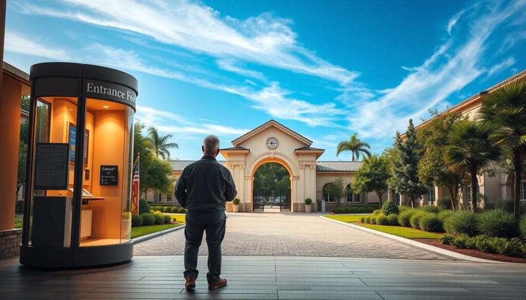 A well-lit, high-contrast scene depicting a retirement community entrance fee payment booth. In the foreground, an elderly couple stands before a glass-enclosed kiosk with a "Entrance Fee" sign. The booth's interior is illuminated, showcasing a professional-looking attendant and a digital display showing the fee amount. In the middle ground, the community's grand, elegant entrance archway looms, framed by lush greenery and manicured landscaping. The background features a clear blue sky with wispy clouds, conveying a sense of tranquility and exclusivity. Warm, soft lighting accentuates the scene, creating a welcoming and aspirational atmosphere. A well-lit, high-contrast scene depicting a retirement community entrance fee payment booth. In the foreground, an elderly couple stands before a glass-enclosed kiosk with a "Entrance Fee" sign. The booth's interior is illuminated, showcasing a professional-looking attendant and a digital display showing the fee amount. In the middle ground, the community's grand, elegant entrance archway looms, framed by lush greenery and manicured landscaping. The background features a clear blue sky with wispy clouds, conveying a sense of tranquility and exclusivity. Warm, soft lighting accentuates the scene, creating a welcoming and aspirational atmosphere.