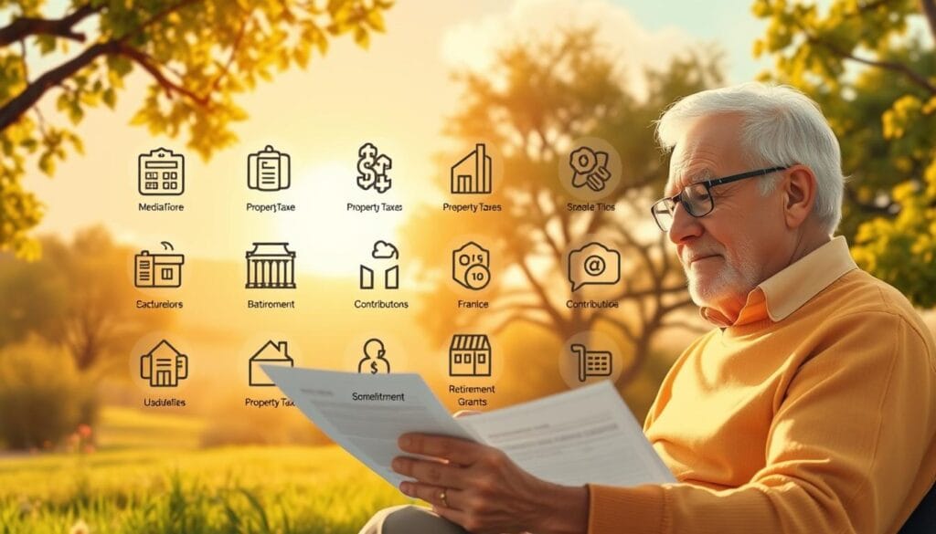 A well-lit, high-resolution illustration showcasing the key tax benefits for seniors. In the foreground, an elderly couple reviewing tax forms and documents, expressions of relief and understanding. In the middle ground, an array of icons representing common senior tax deductions: medical expenses, property taxes, retirement account contributions. In the background, a serene, sun-dappled landscape evoking a sense of financial security and peace of mind. The scene is captured with a warm, inviting color palette and a focus on the human elements, conveying the importance of these tax benefits in supporting seniors' financial wellbeing.
