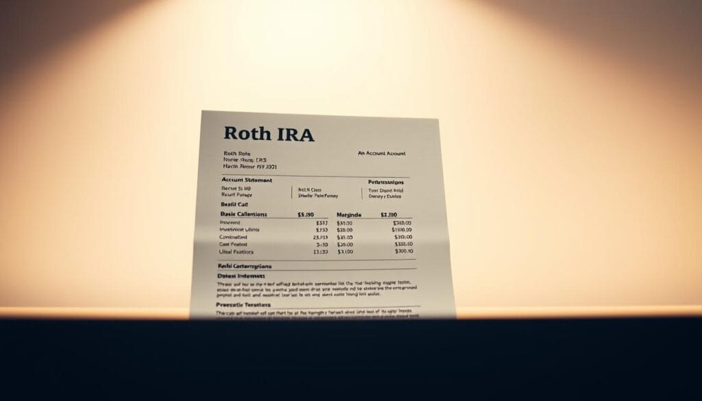 A well-lit, high-resolution image of a Roth IRA account statement against a clean, minimalist background. The statement showcases key details such as the account balance, investment allocations, and contribution limits, conveying the financial information and benefits of a Roth IRA. The lighting is warm and inviting, reflecting the long-term growth potential of a Roth retirement account. The overall composition is visually appealing and informative, highlighting the importance of a Roth IRA in a person's financial planning.