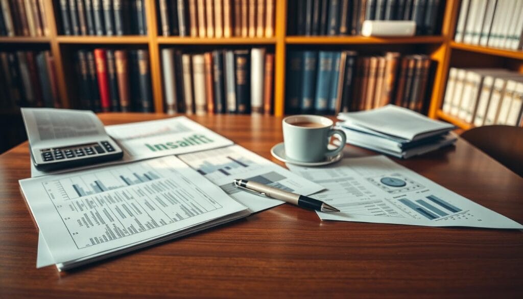 A well-lit, high-resolution image of a closed-end mutual fund portfolio. In the foreground, a series of financial documents and investment statements, neatly arranged on a polished wood desk. In the middle ground, a calculator, pen, and a cup of coffee, creating a sense of a thoughtful investment management process. In the background, a bookshelf filled with finance and investment reference materials, conveying a professional, scholarly atmosphere. The lighting is warm and natural, casting soft shadows and highlighting the textures of the materials. The overall mood is one of diligence, expertise, and careful consideration of financial decisions.