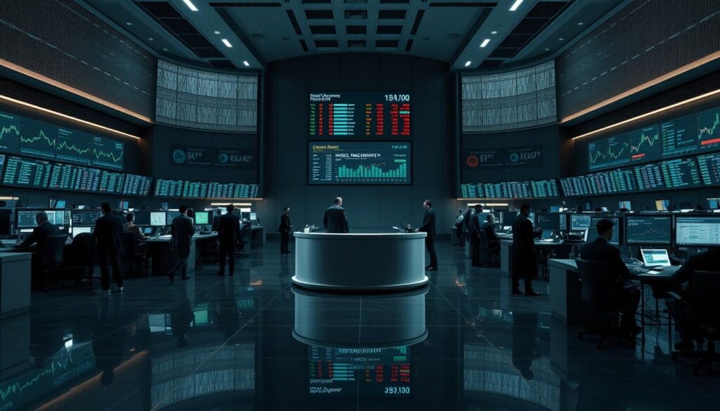 A well-lit, high-resolution rendering of a stock exchange trading floor, featuring a central podium with a closed-end fund ticker display. Brokers and investors in formal attire gathered around terminals, closely monitoring stock charts and making trading decisions. The atmosphere is one of focused intensity, with a muted color palette accentuating the technical, financial nature of the scene. Subtle reflections on the polished floors and strategic use of depth of field create a sense of depth and professionalism. The overall composition conveys the serious, nuanced nature of closed-end fund investing.