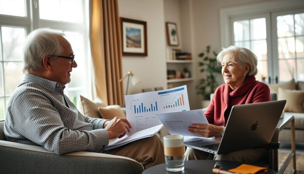A well-lit interior of a cozy home office, soft natural light filtering through large windows. An elderly couple sits opposite a financial advisor, engaged in a thoughtful discussion over financial documents and data visualizations displayed on a sleek laptop. The advisor's demeanor conveys expertise and empathy, guiding the seniors through complex retirement planning strategies tailored to their unique needs and goals. The room exudes a sense of trust, professionalism, and care, reflecting the specialized wealth management services designed to empower and secure the financial futures of senior clients. A well-lit interior of a cozy home office, soft natural light filtering through large windows. An elderly couple sits opposite a financial advisor, engaged in a thoughtful discussion over financial documents and data visualizations displayed on a sleek laptop. The advisor's demeanor conveys expertise and empathy, guiding the seniors through complex retirement planning strategies tailored to their unique needs and goals. The room exudes a sense of trust, professionalism, and care, reflecting the specialized wealth management services designed to empower and secure the financial futures of senior clients.