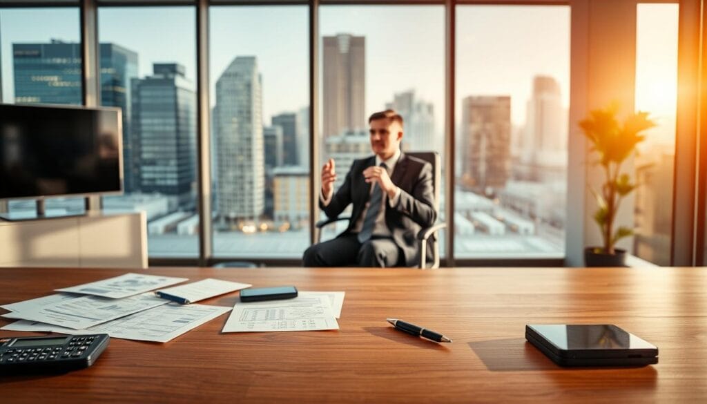 A well-lit modern office interior, with a large wooden desk in the foreground. On the desk, there are various financial documents, a calculator, and a pen resting on a clean, organized surface. In the middle ground, a financial advisor in a crisp, professional suit sits in an ergonomic chair, gesturing as they explain complex financial concepts to a client. The background features a large window overlooking a bustling cityscape, with warm, natural lighting filtering in. The overall atmosphere conveys a sense of trust, expertise, and attention to detail, reflecting the importance of understanding financial advisor fees.