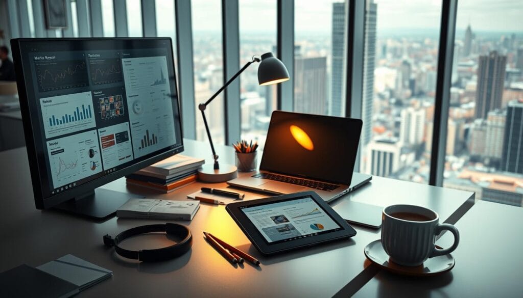 A well-lit, modern office setting with an assortment of research and education tools prominently displayed on a sleek, minimalist desk. In the foreground, a high-resolution monitor showcases data visualizations and market research reports. Beside it, a professional-grade laptop, a stack of academic journals, and a pair of high-quality noise-canceling headphones. In the middle ground, a stylish desk lamp casts a warm glow over a tablet displaying educational content, surrounded by a collection of sharpened pencils, a digital notepad, and a mug of steaming coffee. The background features floor-to-ceiling windows offering a panoramic view of a bustling urban landscape, conveying a sense of focus, productivity, and lifelong learning. A well-lit, modern office setting with an assortment of research and education tools prominently displayed on a sleek, minimalist desk. In the foreground, a high-resolution monitor showcases data visualizations and market research reports. Beside it, a professional-grade laptop, a stack of academic journals, and a pair of high-quality noise-canceling headphones. In the middle ground, a stylish desk lamp casts a warm glow over a tablet displaying educational content, surrounded by a collection of sharpened pencils, a digital notepad, and a mug of steaming coffee. The background features floor-to-ceiling windows offering a panoramic view of a bustling urban landscape, conveying a sense of focus, productivity, and lifelong learning.