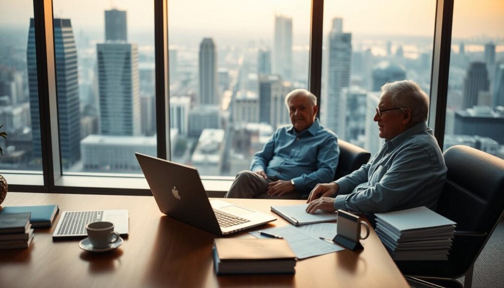 A well-lit office scene with a financial planner's desk in the foreground. The desktop is neatly organized, featuring a laptop, a stack of documents, and a cup of coffee. In the middle ground, a retiree couple sits across from the planner, engaged in a discussion, their faces expressing understanding and confidence. The background showcases a panoramic window overlooking a bustling cityscape, with soft, warm lighting filtering in. The overall atmosphere conveys a sense of professionalism, expertise, and the benefits of working with a knowledgeable investment consultant.