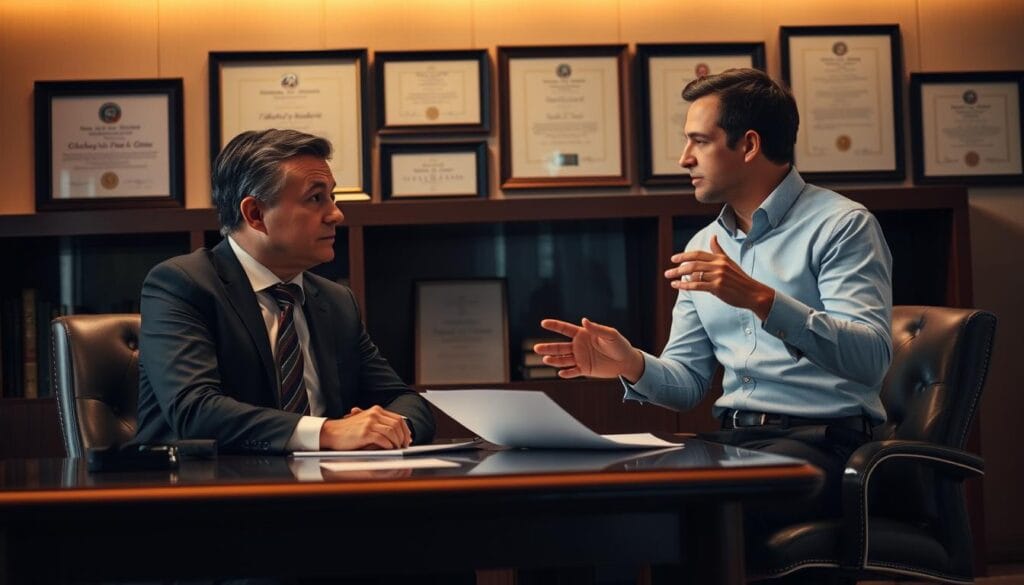 A well-lit office setting, a financial advisor and a consultant seated at a mahogany desk, engaged in a thoughtful discussion. The advisor, dressed in a sharp suit, leans forward intently, while the consultant, in a crisp button-down and slacks, gestures with confidence. Behind them, a wall of framed certificates and diplomas suggests their expertise. Soft, warm lighting casts a professional glow, and the composition is balanced, emphasizing the contrast and conversation between the two figures.