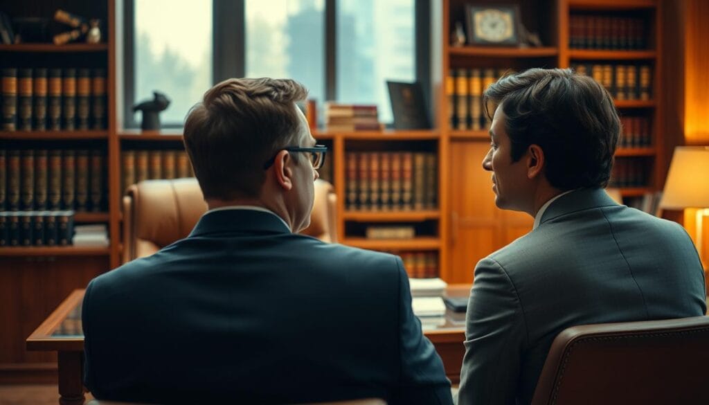 A well-lit office setting with a hardwood desk, leather chair, and shelves of financial books in the background. In the foreground, a person in a suit sits across from a prospective client, engaged in a thoughtful discussion. The client's face is visible, conveying a sense of contemplation and trust. The scene is bathed in warm, soft lighting, creating an atmosphere of professionalism and financial expertise. The overall composition suggests the careful selection and consultation process involved in choosing the right financial advisor.