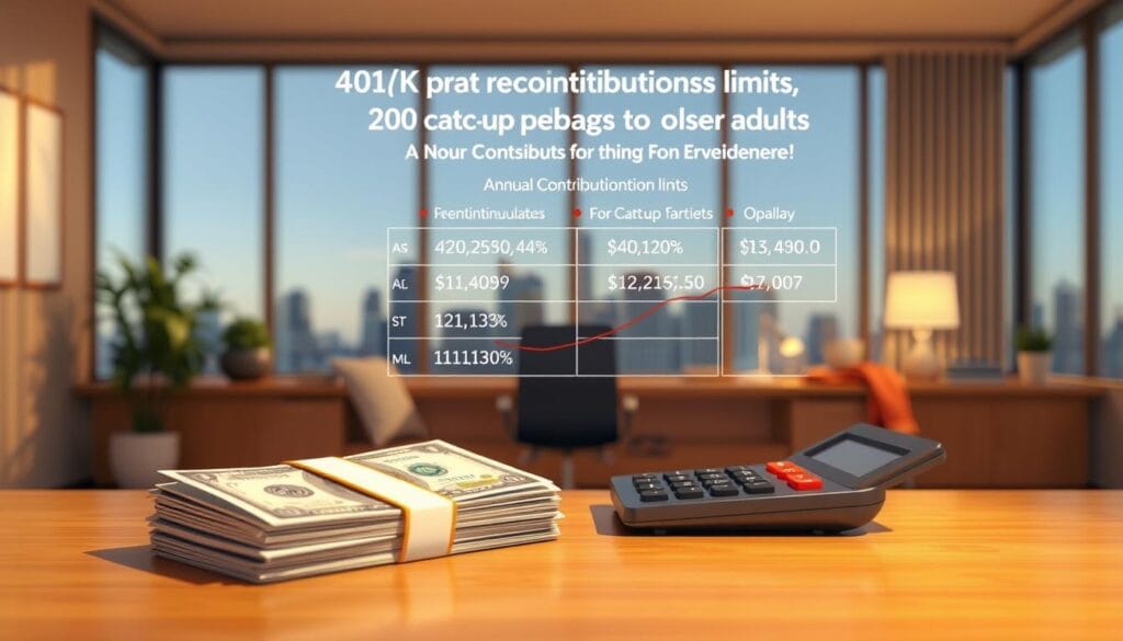 A well-lit, realistic 3D illustration of 401(k) contribution limits and catch-up opportunities for older adults. In the foreground, a stack of dollar bills and a calculator, representing the financial details. In the middle ground, a chart or graph displaying the annual contribution limits and catch-up provisions. In the background, a warm, serene office setting with a window overlooking a city skyline, conveying a sense of financial security and planning for retirement. The image should have a clean, professional aesthetic, with a focus on clarity and informative visuals to support the article's subject matter.