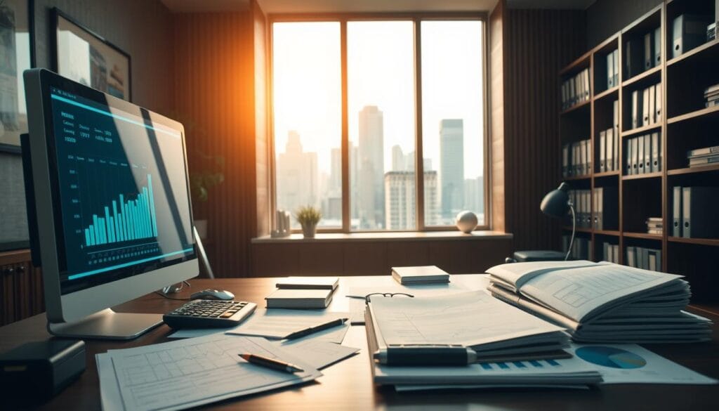 A well-lit, realistic financial office scene. In the foreground, a desk with various financial documents, calculators, and a computer monitor displaying financial data. In the middle ground, a bookshelf filled with financial planning books and folders. The background features a large window overlooking a city skyline, with a warm, diffused natural light streaming in. The overall atmosphere conveys a sense of professionalism, organization, and financial security. The color palette is muted and sophisticated, with rich wood tones and shades of gray, blue, and beige. A well-lit, realistic financial office scene. In the foreground, a desk with various financial documents, calculators, and a computer monitor displaying financial data. In the middle ground, a bookshelf filled with financial planning books and folders. The background features a large window overlooking a city skyline, with a warm, diffused natural light streaming in. The overall atmosphere conveys a sense of professionalism, organization, and financial security. The color palette is muted and sophisticated, with rich wood tones and shades of gray, blue, and beige.