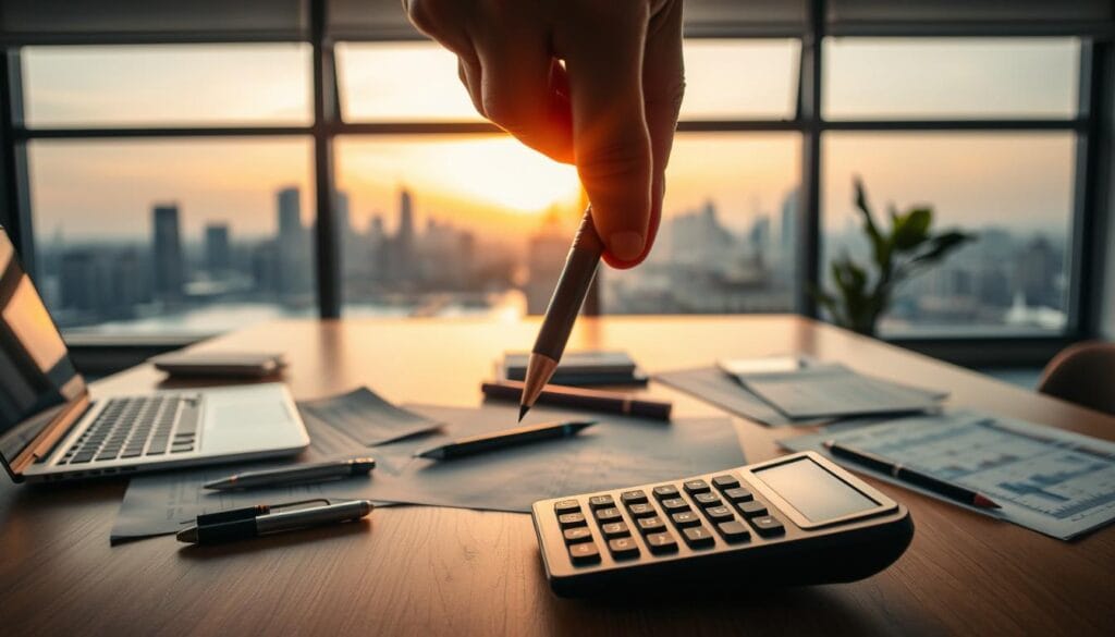 A well-lit study with a wooden desk, a laptop, and financial planning documents neatly arranged. In the foreground, a hand holding a pen hovers over a calculator, conveying deep thought and concentration. Framed behind the desk, a large window offers a scenic view of a tranquil city skyline, bathed in the warm glow of the setting sun. The atmosphere is one of thoughtful deliberation, with a sense of order and organization reflecting the importance of financial planning. The overall mood is one of professionalism, discipline, and a focus on securing a stable financial future.