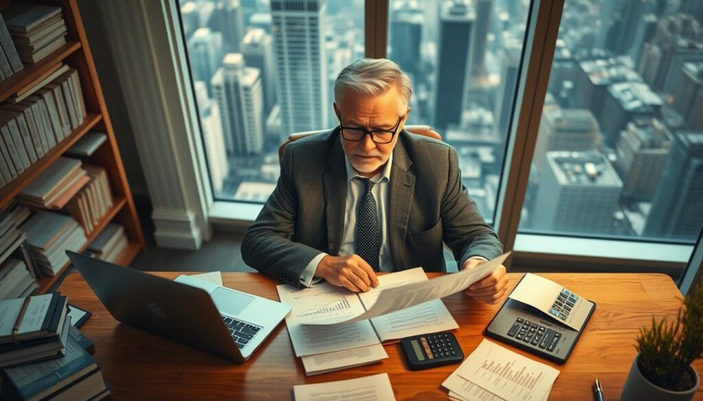 A well-lit, top-down view of a senior business owner sitting at a wooden desk, surrounded by financial documents, a laptop, and a calculator. The owner is wearing a suit and thoughtfully reviewing their retirement and succession planning. In the background, shelves of financial books and a window overlooking a bustling city skyline, creating a professional and contemplative atmosphere. The lighting is warm and soft, highlighting the owner's pensive expression as they navigate the intricacies of their business's financial future.