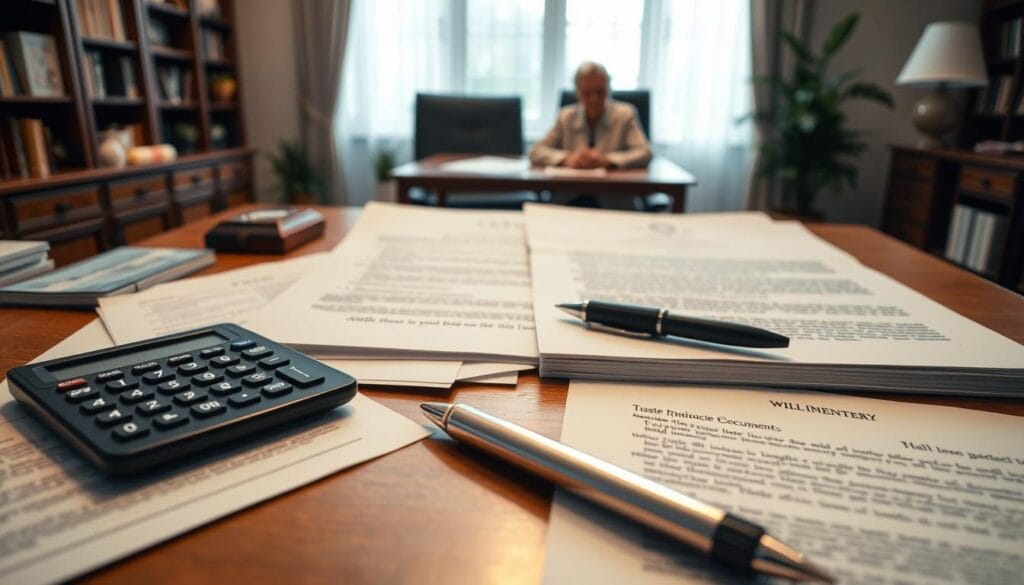 A well-lit, wide-angle shot showcasing various estate planning strategies to minimize taxes and avoid probate. In the foreground, neatly organized financial documents, a calculator, and a pen symbolizing the attention to detail required. In the middle ground, a tastefully designed trust document, a will, and a life insurance policy, representing key legal instruments. The background features a serene home office setting with bookcases, a desk, and a contemplative senior couple, conveying the thoughtful, deliberative nature of effective estate planning. The overall scene exudes a sense of financial security, legal preparedness, and family legacy preservation. A well-lit, wide-angle shot showcasing various estate planning strategies to minimize taxes and avoid probate. In the foreground, neatly organized financial documents, a calculator, and a pen symbolizing the attention to detail required. In the middle ground, a tastefully designed trust document, a will, and a life insurance policy, representing key legal instruments. The background features a serene home office setting with bookcases, a desk, and a contemplative senior couple, conveying the thoughtful, deliberative nature of effective estate planning. The overall scene exudes a sense of financial security, legal preparedness, and family legacy preservation.