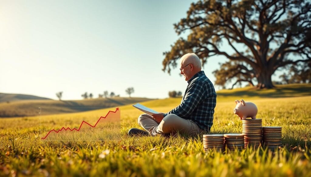 A well-lit, wide-angle view of a serene, sun-dappled meadow. In the foreground, a retiree sits cross-legged on a soft, grassy patch, intently studying a financial document. Surrounding them, a diverse array of low-cost investment options are artfully arranged: a simple yet elegant graph depicting stock and bond market trends, a sturdy piggy bank symbolizing savings, and a stack of coins representing low-fee index funds. In the background, a rolling hillside dotted with mature oak trees creates a calming, natural backdrop, conveying a sense of financial security and long-term growth.