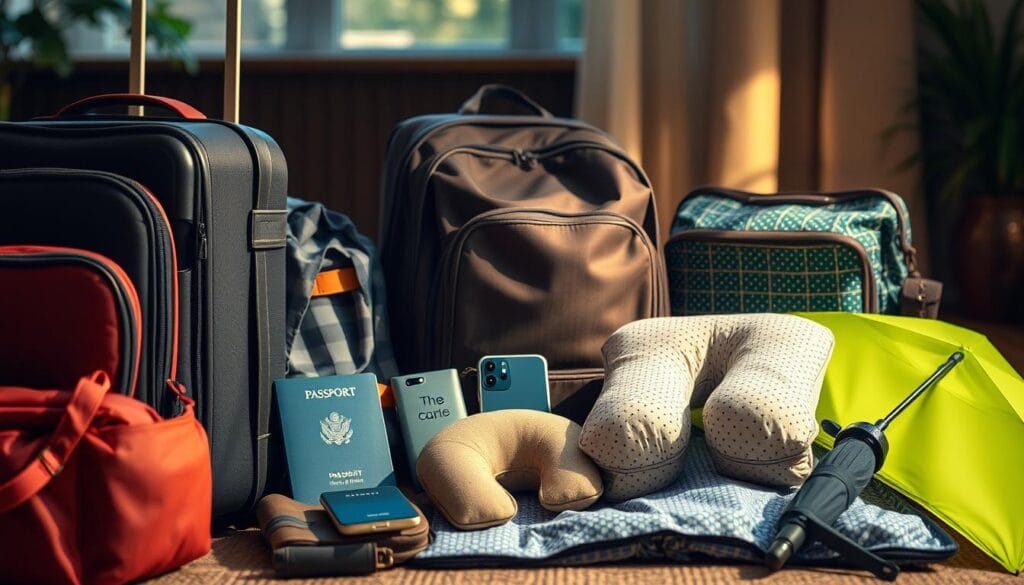 A well-organized luggage setup with essential travel items for older vacationers - a sturdy rolling suitcase, a comfortable backpack, a travel pillow, and a selection of practical accessories like a passport holder, a portable charger, and a compact umbrella. The scene is illuminated by warm, natural lighting, creating a cozy and inviting atmosphere. The items are arranged in a visually appealing manner, showcasing the thoughtful packing strategies for a stress-free, budget-friendly senior trip. A well-organized luggage setup with essential travel items for older vacationers - a sturdy rolling suitcase, a comfortable backpack, a travel pillow, and a selection of practical accessories like a passport holder, a portable charger, and a compact umbrella. The scene is illuminated by warm, natural lighting, creating a cozy and inviting atmosphere. The items are arranged in a visually appealing manner, showcasing the thoughtful packing strategies for a stress-free, budget-friendly senior trip.