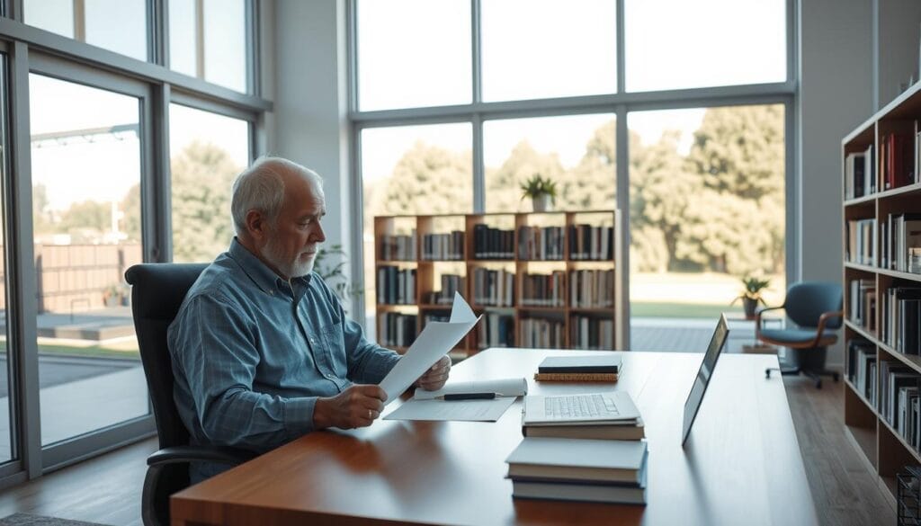 A well-organized modern home office with floor-to-ceiling windows, allowing natural light to flood the space. In the foreground, a retiree sits at a sleek wooden desk, reviewing financial documents and contemplating retirement plans. The middle ground features bookshelves filled with finance-related books, while the background showcases a scenic view of a tranquil garden. The lighting is soft and warm, creating a serene and professional atmosphere. The overall composition conveys a sense of thoughtful planning and financial security for the retiree.