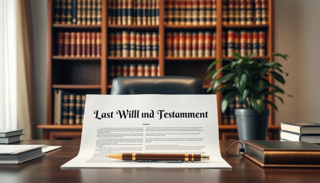 A well-organized office desk with a legal document titled "Last Will and Testament" placed prominently in the center. The background features a traditional wooden bookshelf filled with law books, lending an air of authority and professionalism. Soft, diffused lighting creates a sense of seriousness and importance, while a potted plant on the corner of the desk adds a touch of warmth. The overall composition conveys the thoughtful and deliberative nature of the estate planning process for senior citizens.