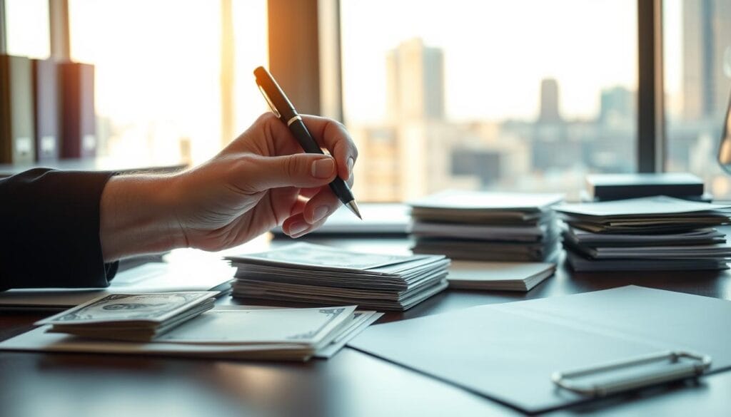 A well-organized office desk, with stacks of neatly arranged cash bills and envelopes, illuminated by warm, directional lighting. In the foreground, a hand holds a pen, poised to write on a gift card. In the background, a soft, blurred cityscape view through a window, suggesting a professional, urban setting. The overall atmosphere conveys a sense of careful consideration and thoughtful planning around financial support strategies.