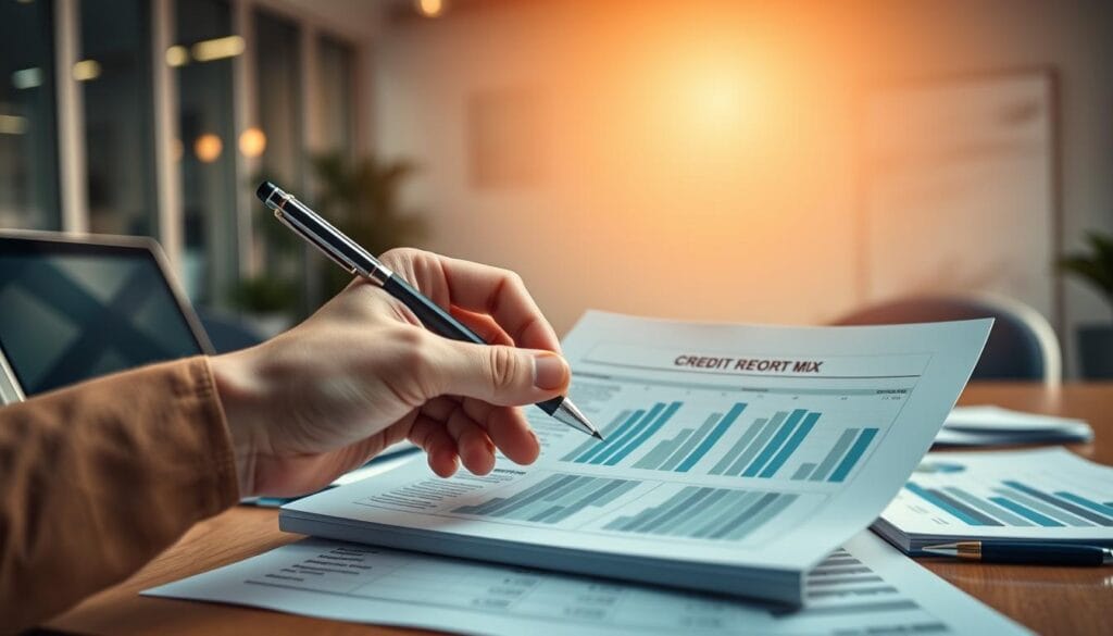 A well-organized office interior with a sleek desk, a laptop, and various financial documents neatly arranged. The lighting is warm and inviting, creating a focused and productive atmosphere. In the foreground, a hand holding a pen hovers over a credit report, symbolizing the optimization of the credit mix. The background showcases a stylized graph or chart, hinting at the analytical nature of the task. The overall composition conveys a sense of financial control and strategic planning. A well-organized office interior with a sleek desk, a laptop, and various financial documents neatly arranged. The lighting is warm and inviting, creating a focused and productive atmosphere. In the foreground, a hand holding a pen hovers over a credit report, symbolizing the optimization of the credit mix. The background showcases a stylized graph or chart, hinting at the analytical nature of the task. The overall composition conveys a sense of financial control and strategic planning.