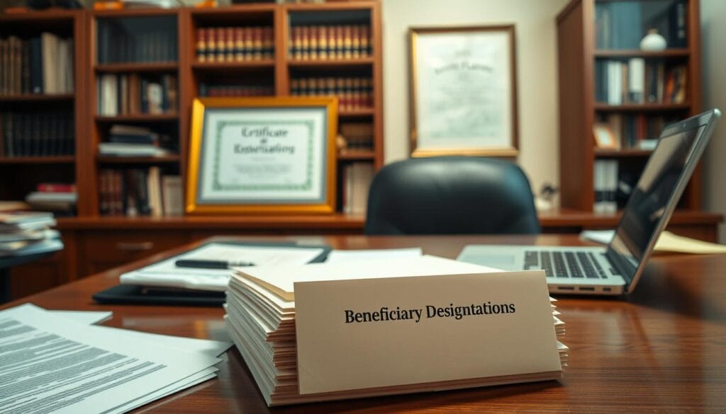 A well-organized office setting with a wooden desk, a laptop, and various documents and files. In the foreground, a stack of envelopes labeled "Beneficiary Designations" sits prominently on the desk. The middle ground features a framed certificate or legal document related to estate planning. The background showcases a tasteful bookshelf filled with relevant resources. The lighting is soft and warm, creating a professional and trustworthy atmosphere. The camera angle is slightly elevated, giving a sense of authority and importance to the subject matter.