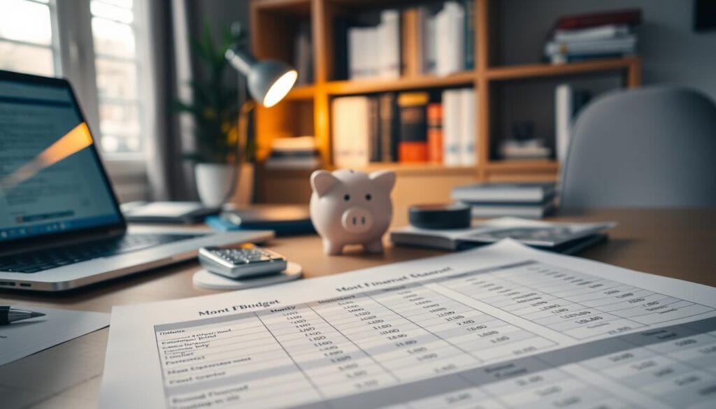 A well-organized office with a desk, laptop, and various financial planning tools. Soft, directional lighting illuminates the scene, creating a focused and contemplative atmosphere. In the foreground, a detailed monthly budget spreadsheet with neatly organized categories and figures. In the middle ground, a piggy bank, a stack of bills, and a financial calculator, symbolizing the practical aspects of budgeting. In the background, a bookshelf with personal finance books, suggesting a depth of knowledge and expertise. The overall composition conveys a sense of control, discipline, and a thoughtful approach to achieving financial goals.