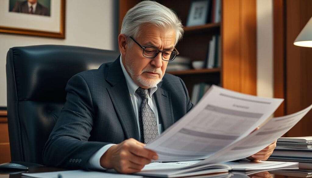 A wise, experienced financial advisor for seniors sits at their desk, meticulously reviewing documents and financial reports. The office is warm and inviting, with soft lighting and a wooden bookshelf in the background. The advisor, dressed in a crisp suit, exudes an aura of professionalism and trustworthiness. Their expression is one of focused concentration, conveying the depth of their expertise and commitment to their clients' financial well-being. The overall scene suggests a secure, reliable, and personalized financial guidance experience for the elderly.