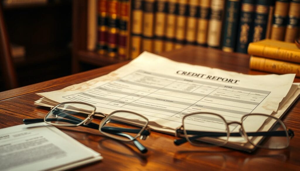 An aged, weathered credit report lying on a mahogany desk, illuminated by soft, warm lighting. The report's pages are slightly crumpled, reflecting the passage of time. In the foreground, a pair of bifocals rests nearby, hinting at the senior user. The background features a bookshelf filled with financial volumes, creating a sense of experience and expertise. The overall mood is one of contemplation and the need to address credit-related concerns specific to an older demographic. An aged, weathered credit report lying on a mahogany desk, illuminated by soft, warm lighting. The report's pages are slightly crumpled, reflecting the passage of time. In the foreground, a pair of bifocals rests nearby, hinting at the senior user. The background features a bookshelf filled with financial volumes, creating a sense of experience and expertise. The overall mood is one of contemplation and the need to address credit-related concerns specific to an older demographic.
