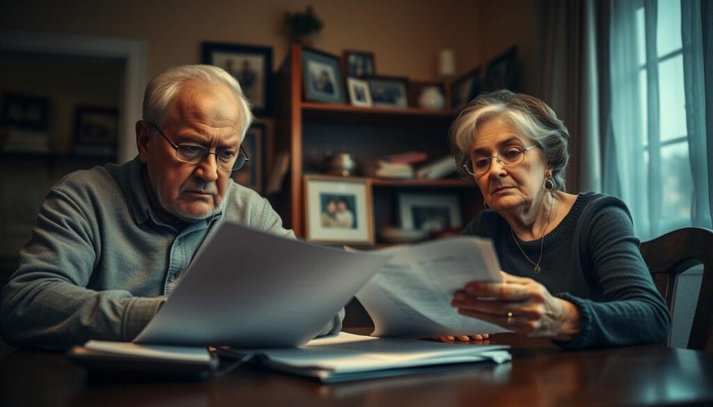 An elderly couple sitting at a kitchen table, looking concerned as they review financial documents. The room is dimly lit, with a warm, hazy atmosphere conveying the weight of their financial burdens. The man's brow is furrowed as he pores over the papers, while the woman's expression reflects the stress and uncertainty they face. In the background, a cluttered bookshelf and framed family photos suggest a lifetime of hard work and savings now in jeopardy. The scene is captured with a shallow depth of field, focusing the viewer's attention on the couple's palpable anxiety over their financial challenges. An elderly couple sitting at a kitchen table, looking concerned as they review financial documents. The room is dimly lit, with a warm, hazy atmosphere conveying the weight of their financial burdens. The man's brow is furrowed as he pores over the papers, while the woman's expression reflects the stress and uncertainty they face. In the background, a cluttered bookshelf and framed family photos suggest a lifetime of hard work and savings now in jeopardy. The scene is captured with a shallow depth of field, focusing the viewer's attention on the couple's palpable anxiety over their financial challenges.