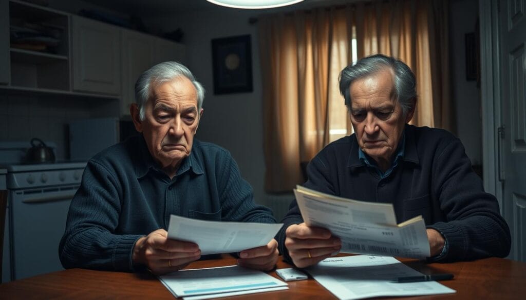 An elderly couple sitting at a kitchen table, their faces etched with worry, as they review financial documents and bills. The lighting is dim, casting shadows across their worn features, conveying a sense of financial strain and uncertainty. In the background, a cluttered room with outdated appliances and a threadbare curtain, further emphasizing the challenges faced by seniors on fixed incomes. The scene is captured with a shallow depth of field, focusing the viewer's attention on the couple's pensive expressions and the physical symbols of their financial hardship. An elderly couple sitting at a kitchen table, their faces etched with worry, as they review financial documents and bills. The lighting is dim, casting shadows across their worn features, conveying a sense of financial strain and uncertainty. In the background, a cluttered room with outdated appliances and a threadbare curtain, further emphasizing the challenges faced by seniors on fixed incomes. The scene is captured with a shallow depth of field, focusing the viewer's attention on the couple's pensive expressions and the physical symbols of their financial hardship.