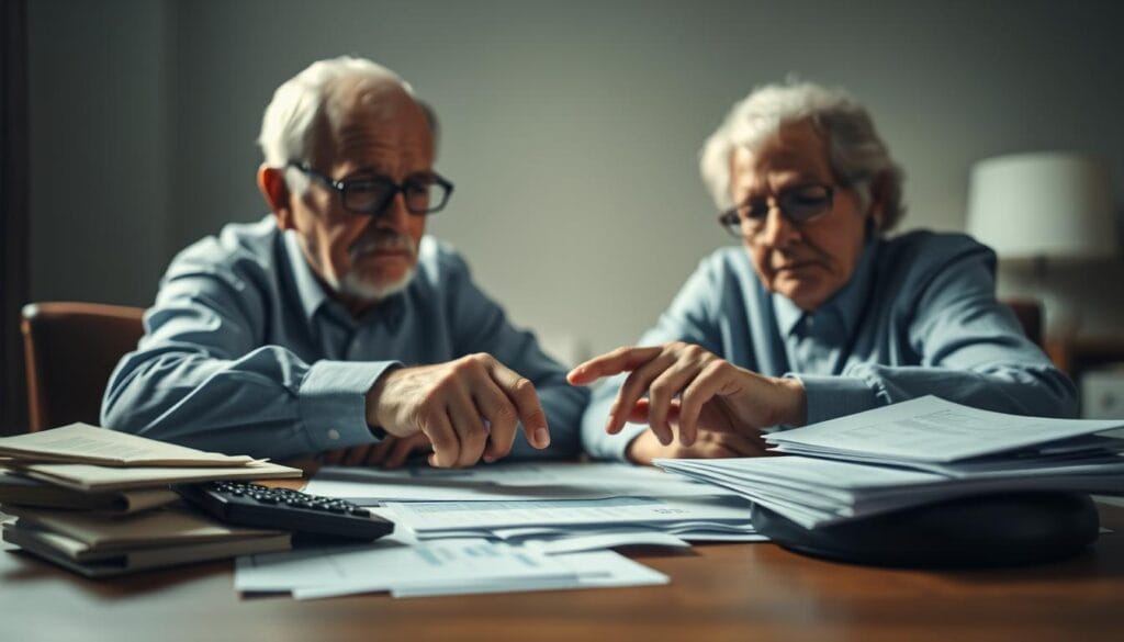An elderly couple sitting at a table, deep in discussion, surrounded by stacks of financial documents and a calculator. The scene is bathed in a soft, subdued light, creating an atmosphere of contemplation and concern. The foreground features the couple's hands pointing at figures on the papers, while the middle ground shows the financial documents in disarray, symbolizing the complexities of dividing assets during a gray divorce. The background is blurred, emphasizing the focus on the couple's expressions and the weight of their decisions. The overall mood is one of seriousness and gravity, reflecting the emotional and financial challenges of this life transition. An elderly couple sitting at a table, deep in discussion, surrounded by stacks of financial documents and a calculator. The scene is bathed in a soft, subdued light, creating an atmosphere of contemplation and concern. The foreground features the couple's hands pointing at figures on the papers, while the middle ground shows the financial documents in disarray, symbolizing the complexities of dividing assets during a gray divorce. The background is blurred, emphasizing the focus on the couple's expressions and the weight of their decisions. The overall mood is one of seriousness and gravity, reflecting the emotional and financial challenges of this life transition.