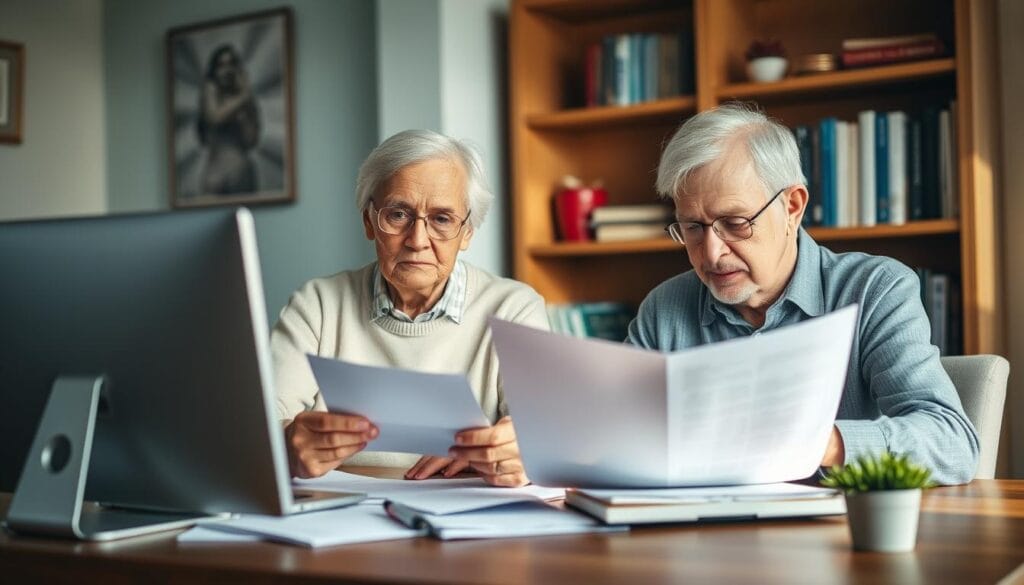 An elderly couple sitting at a table, reviewing mortgage documents and discussing reverse mortgage options. The scene is lit with warm, natural lighting, creating a cozy and inviting atmosphere. In the middle ground, a desktop computer and papers are neatly arranged, suggesting a thoughtful, analytical approach to their financial planning. In the background, a bookshelf with financial literature provides a sense of expertise and resources. The couple's expressions convey a mix of concentration and cautious optimism as they navigate this important phase of their retirement. An elderly couple sitting at a table, reviewing mortgage documents and discussing reverse mortgage options. The scene is lit with warm, natural lighting, creating a cozy and inviting atmosphere. In the middle ground, a desktop computer and papers are neatly arranged, suggesting a thoughtful, analytical approach to their financial planning. In the background, a bookshelf with financial literature provides a sense of expertise and resources. The couple's expressions convey a mix of concentration and cautious optimism as they navigate this important phase of their retirement.