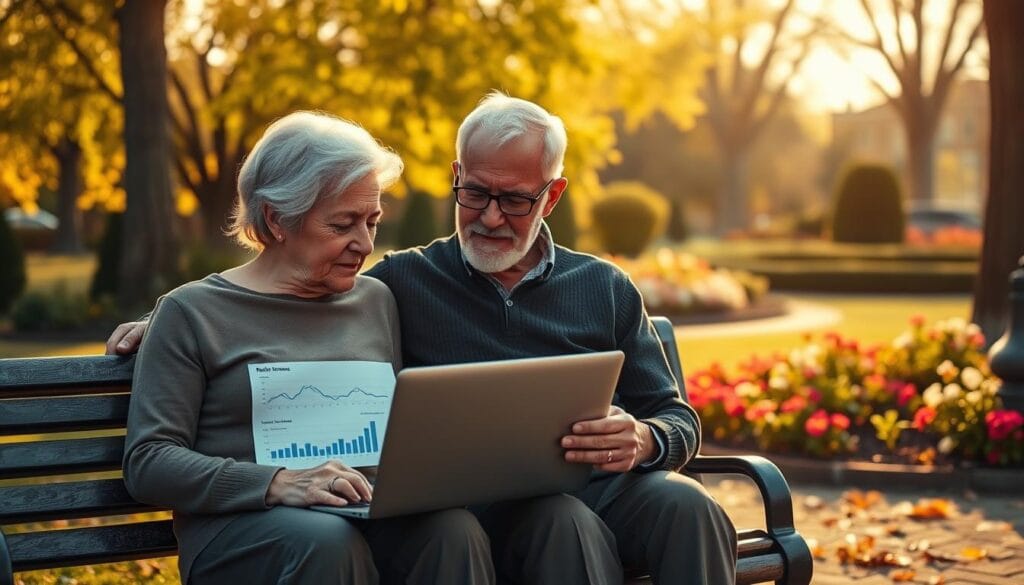 An elderly couple sitting on a park bench, gazing at a laptop displaying retirement savings charts and graphs. Warm, golden late-afternoon sunlight filters through the trees, casting a cozy glow. In the background, a well-manicured garden with blooming flowers. The couple appears contemplative, discussing their financial future with a sense of careful planning and tranquility. The scene conveys a mood of secure, late-life financial preparedness.