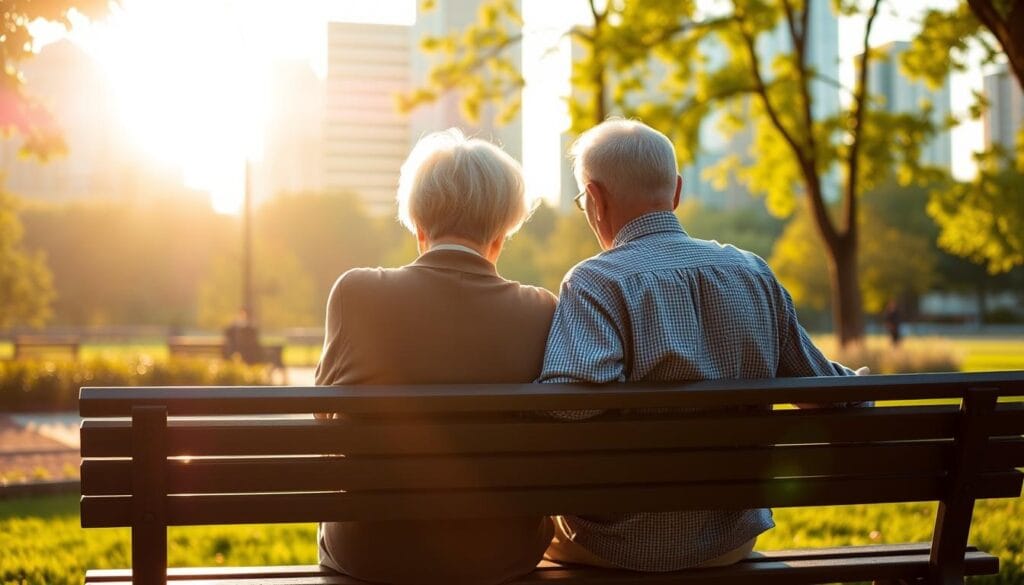 An elderly couple sitting on a park bench, lost in contemplation, as they consider their long-term care insurance options. The sun casts a warm, golden glow over the scene, creating a sense of tranquility and thoughtfulness. In the foreground, the couple's hands rest together, a subtle expression of their commitment to each other's well-being. In the middle ground, a lush, verdant park surrounds them, suggesting the importance of a secure and comfortable future. In the background, a modern city skyline serves as a reminder of the importance of planning for the years ahead. The overall mood is one of reflection and careful consideration, capturing the essence of "When to Purchase Long-Term Care Insurance."